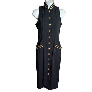 Vintage 90s Madison Wells Sleeveless Black Dress Size 3/4 Gold Buttons Stripes